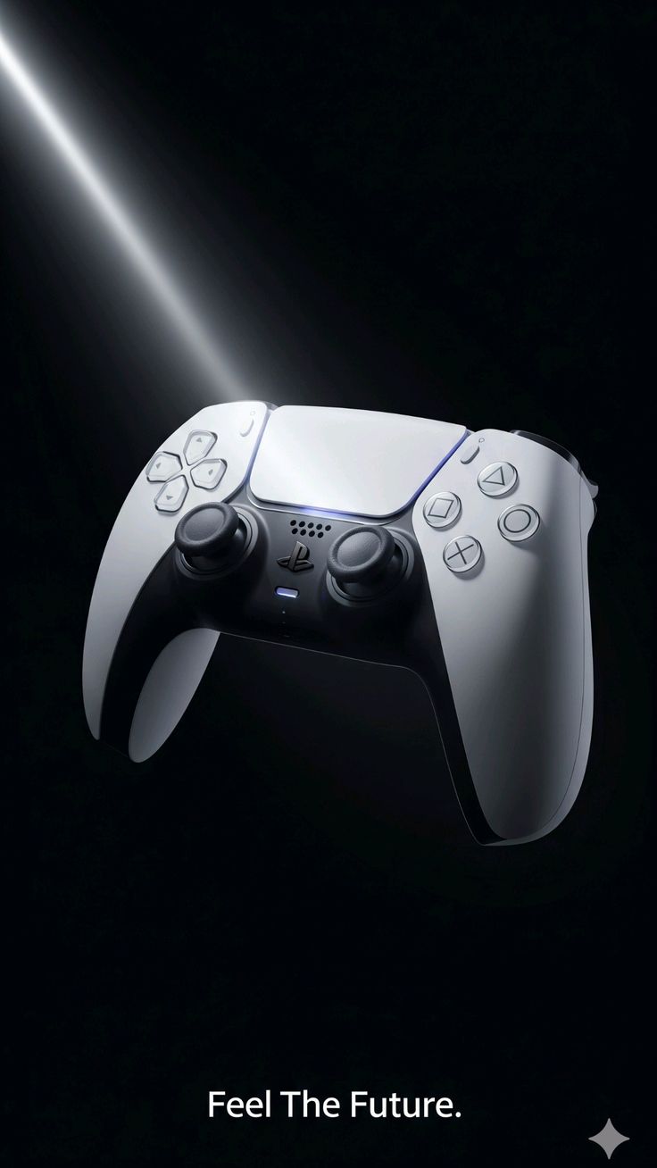 White PlayStation DualSense controller lit against a dark background